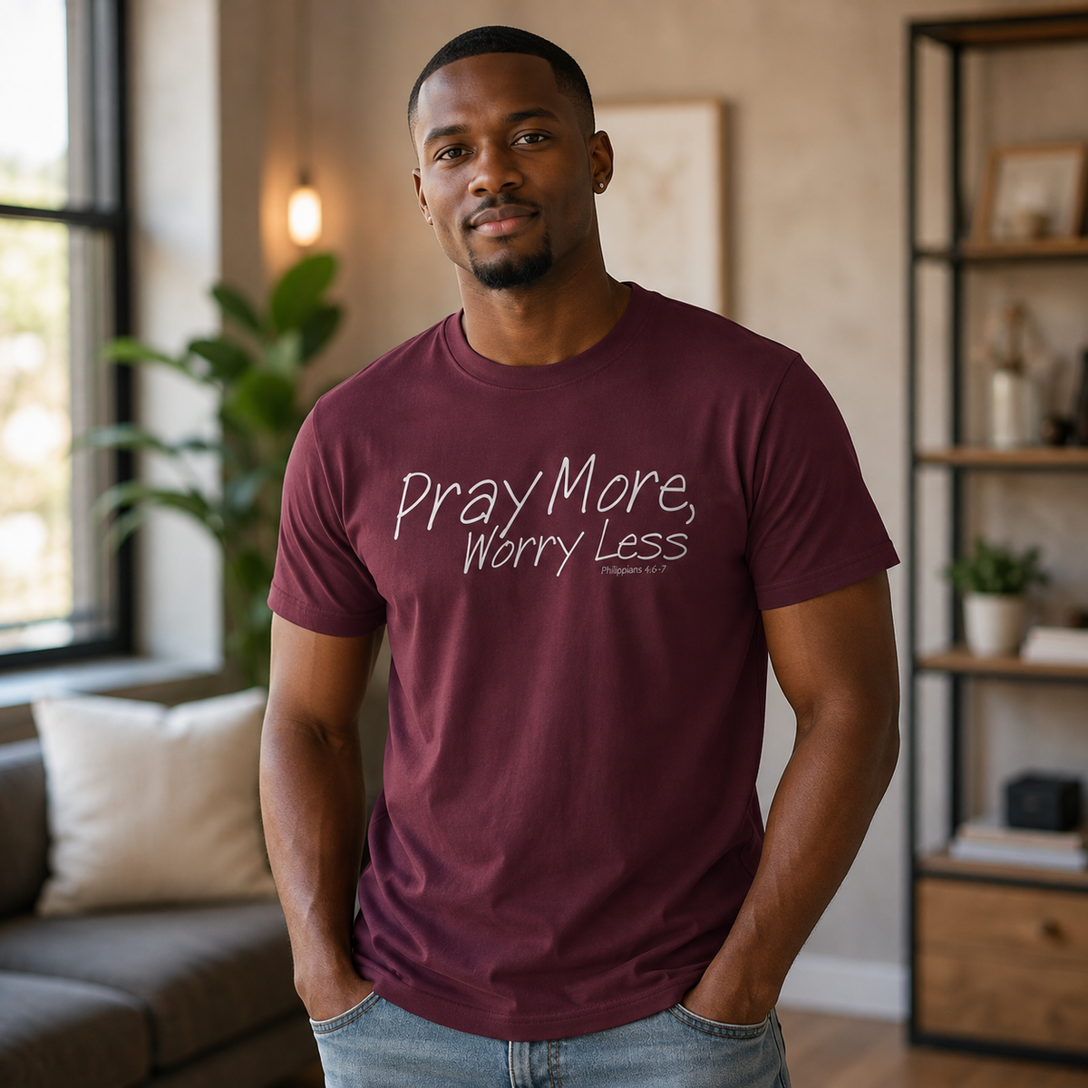 A man wearing a maroon crewneck t-shirt with the white printed text 'Pray More, Worry Less' and 'The Peace of God' on the front, standing in a modern living room setting.