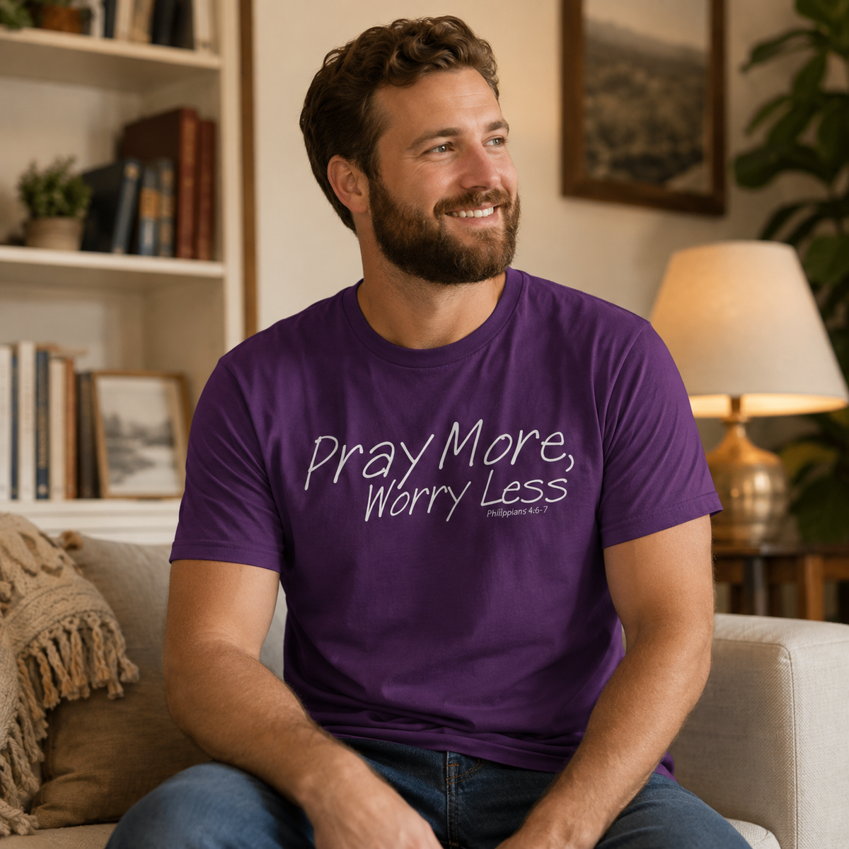 A smiling man with a beard sits on a couch in a living room, wearing a purple crewneck t-shirt with the white printed text 'Pray More, Worry Less' and 'The Prayer Club' underneath.