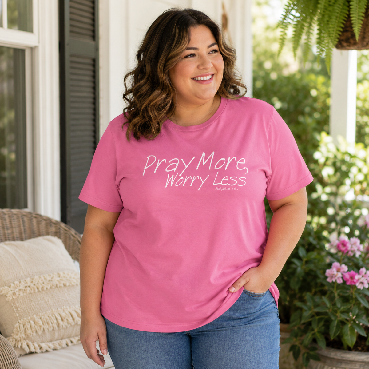 A woman wearing a pink crewneck t-shirt with the white text 'Pray More, Worry Less' and a small Bible verse underneath, paired with blue jeans, standing on a porch with plants in the background.