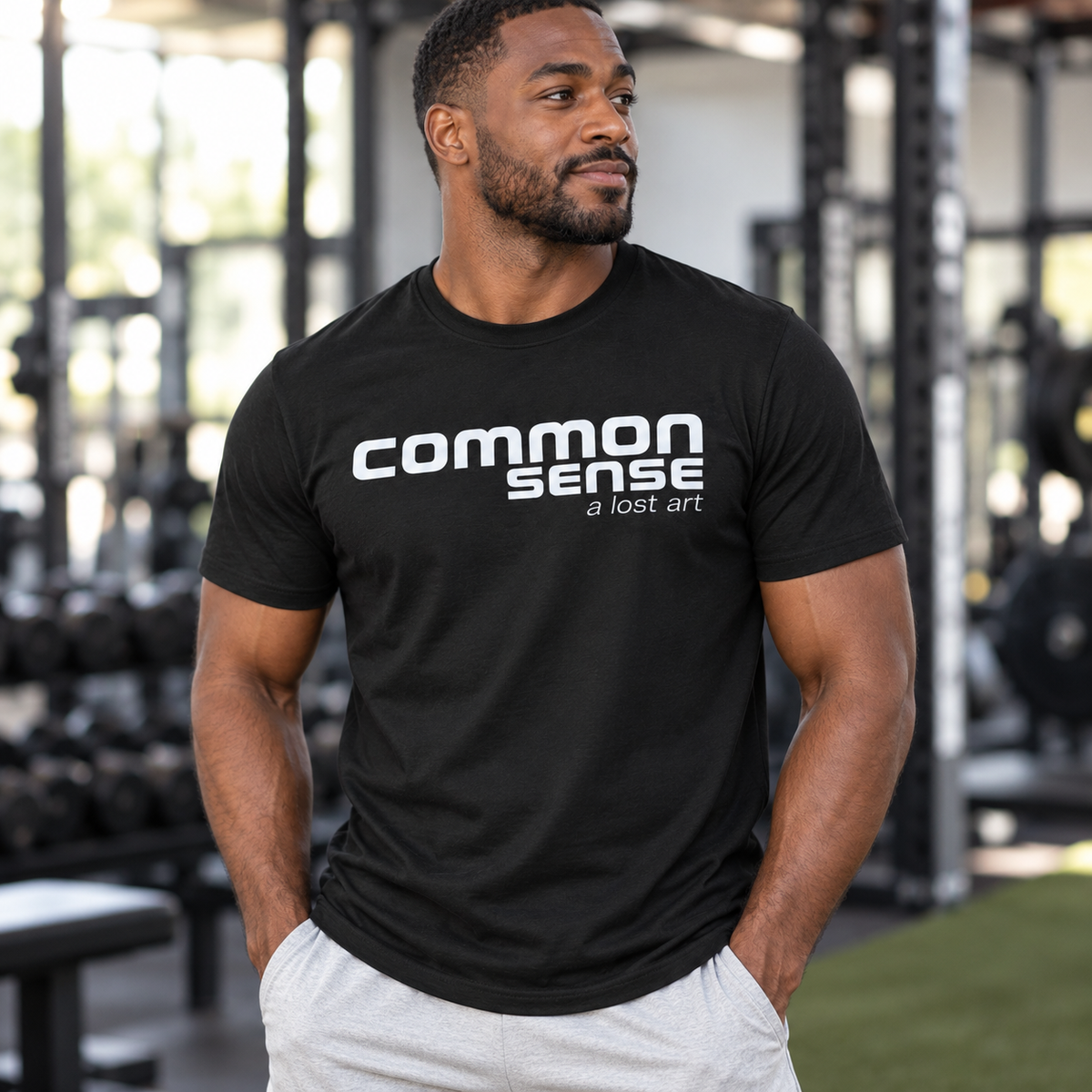 A man in a gym wearing a black t-shirt with 'common sense a lost art' printed in white across the chest, paired with light gray sweatpants.