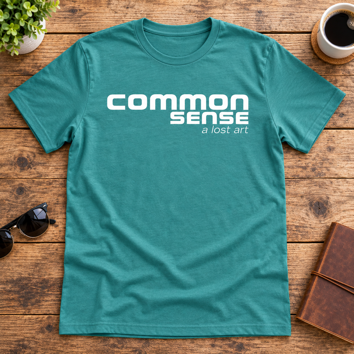 A teal short-sleeve t-shirt with white text reading 'COMMON SENSE a lost art' is laid flat on a rustic wooden table surrounded by lifestyle props including sunglasses, a coffee cup, a notebook, and a small plant.