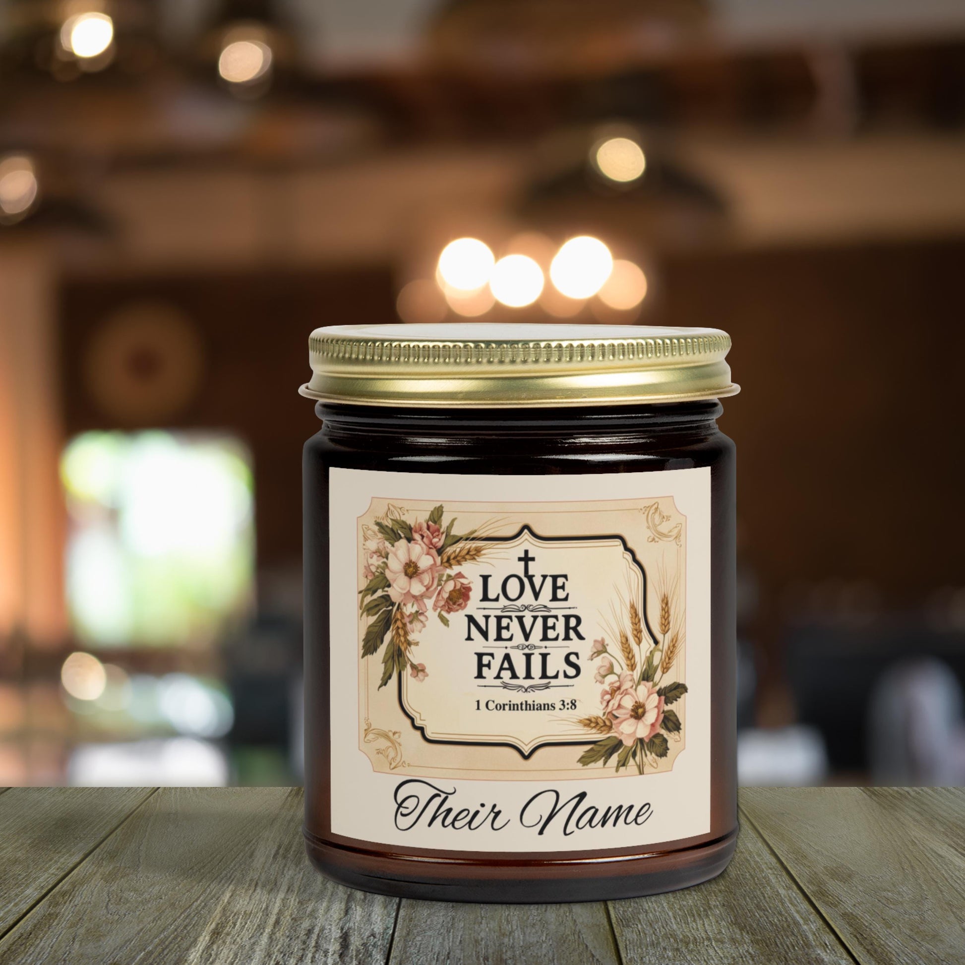 Love Never Fails Personalized Christian Candle from Lewey's Merch