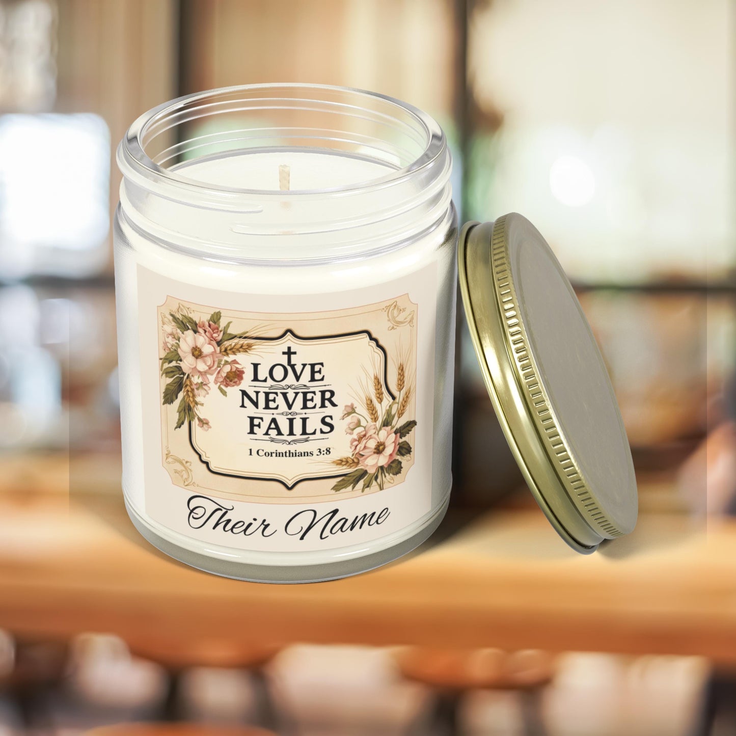 Love Never Fails Personalized Christian Candle from Lewey's Merch