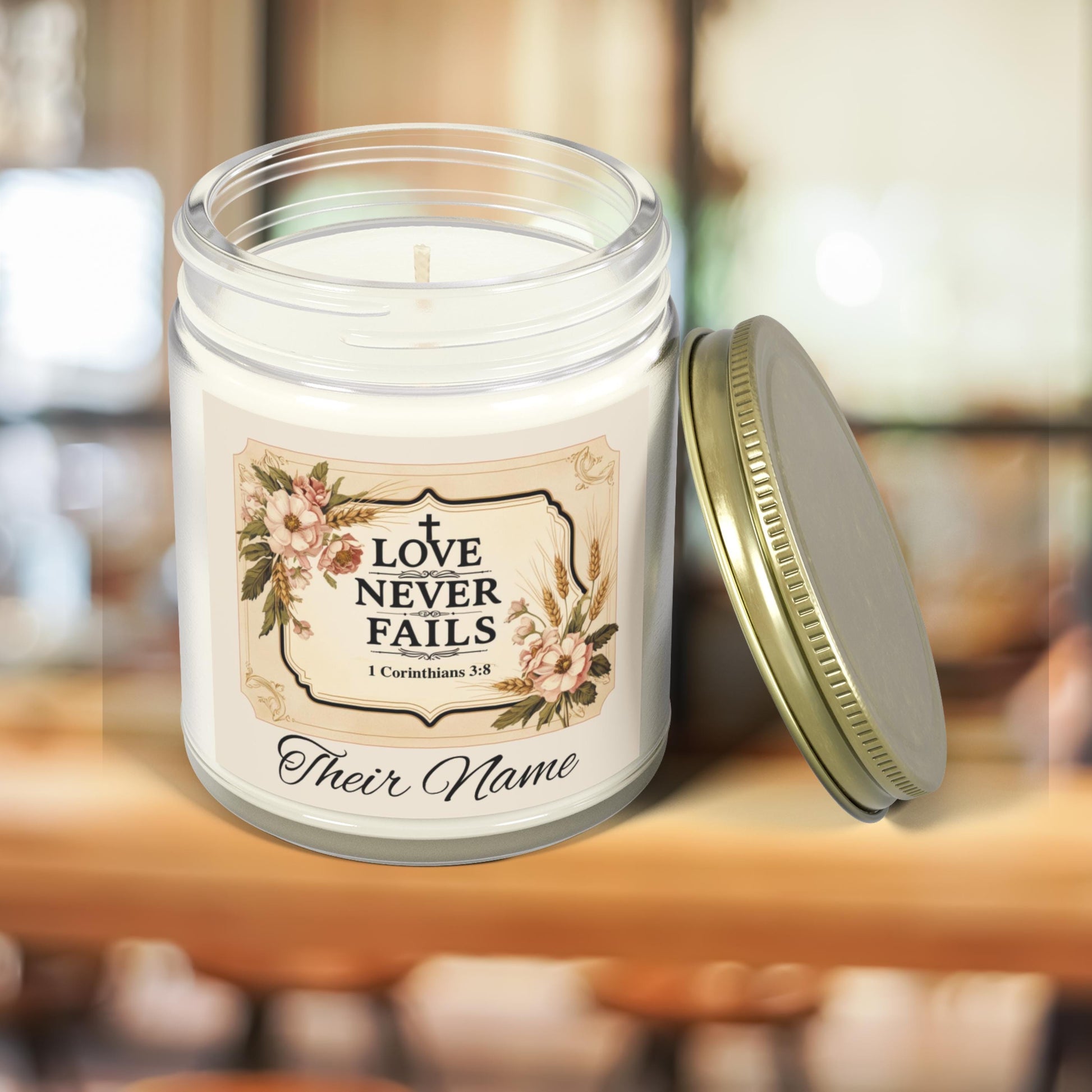 Love Never Fails Personalized Christian Candle from Lewey's Merch