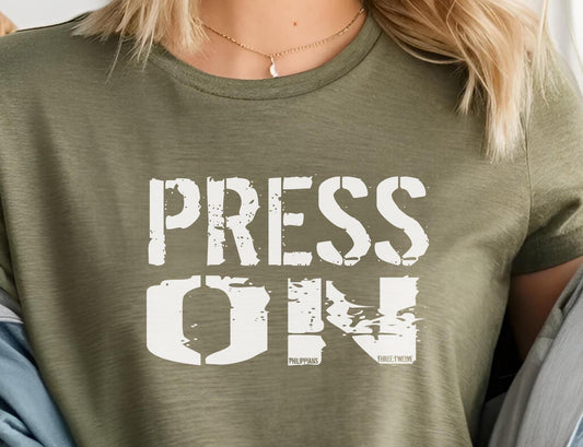 Press On Philippians 3:12 Christian T-Shirt from Lewey’s Merch