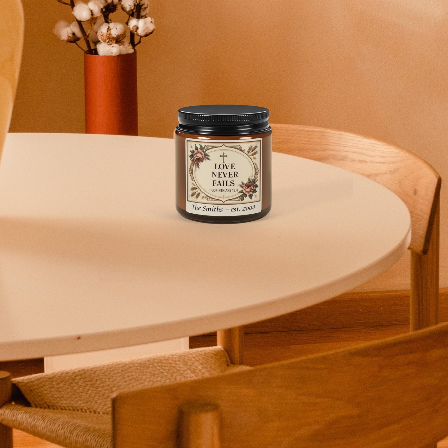 Personalized 1 Corinthians 13 Love Never Fails Candle from Lewey's Merch