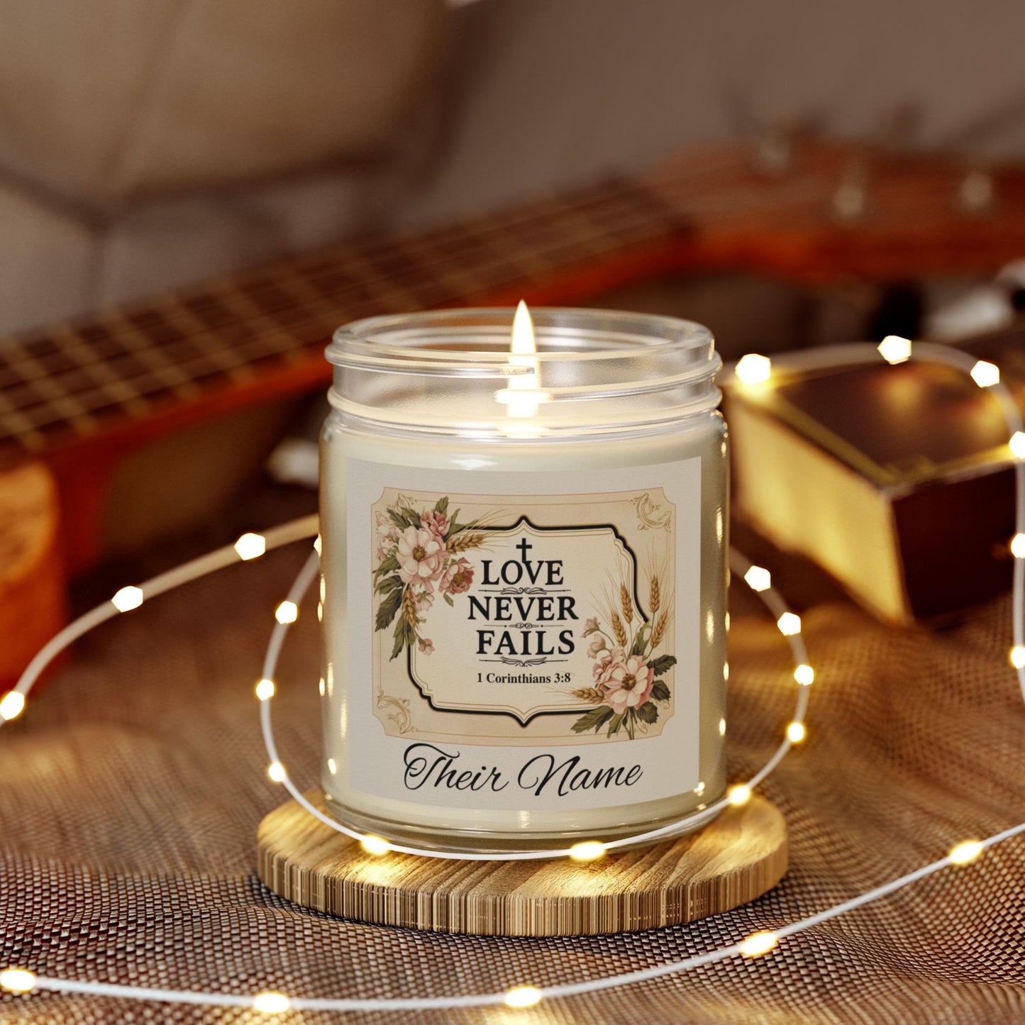Love Never Fails Personalized Christian Candle from Lewey's Merch
