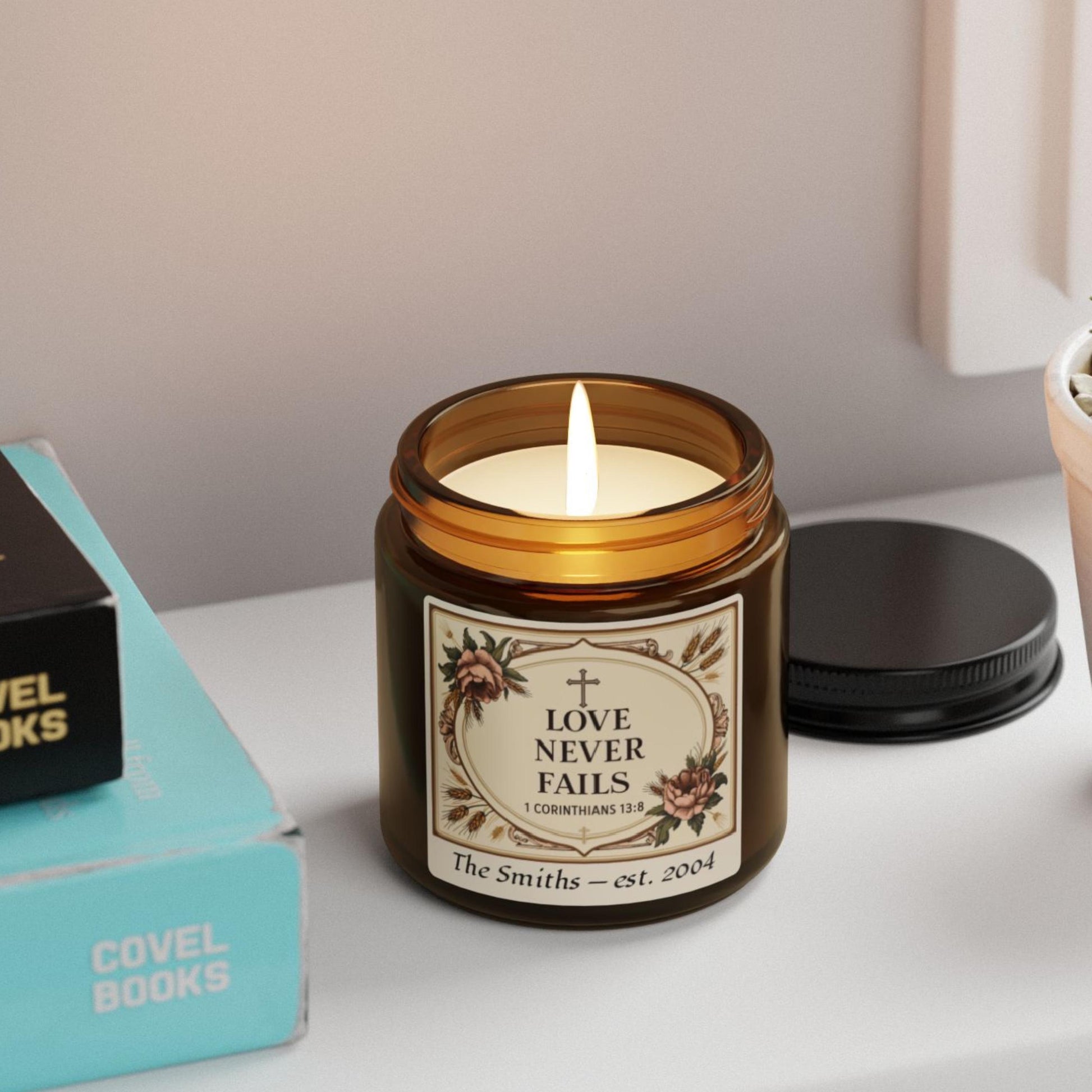 Personalized 1 Corinthians 13 Love Never Fails Candle from Lewey's Merch