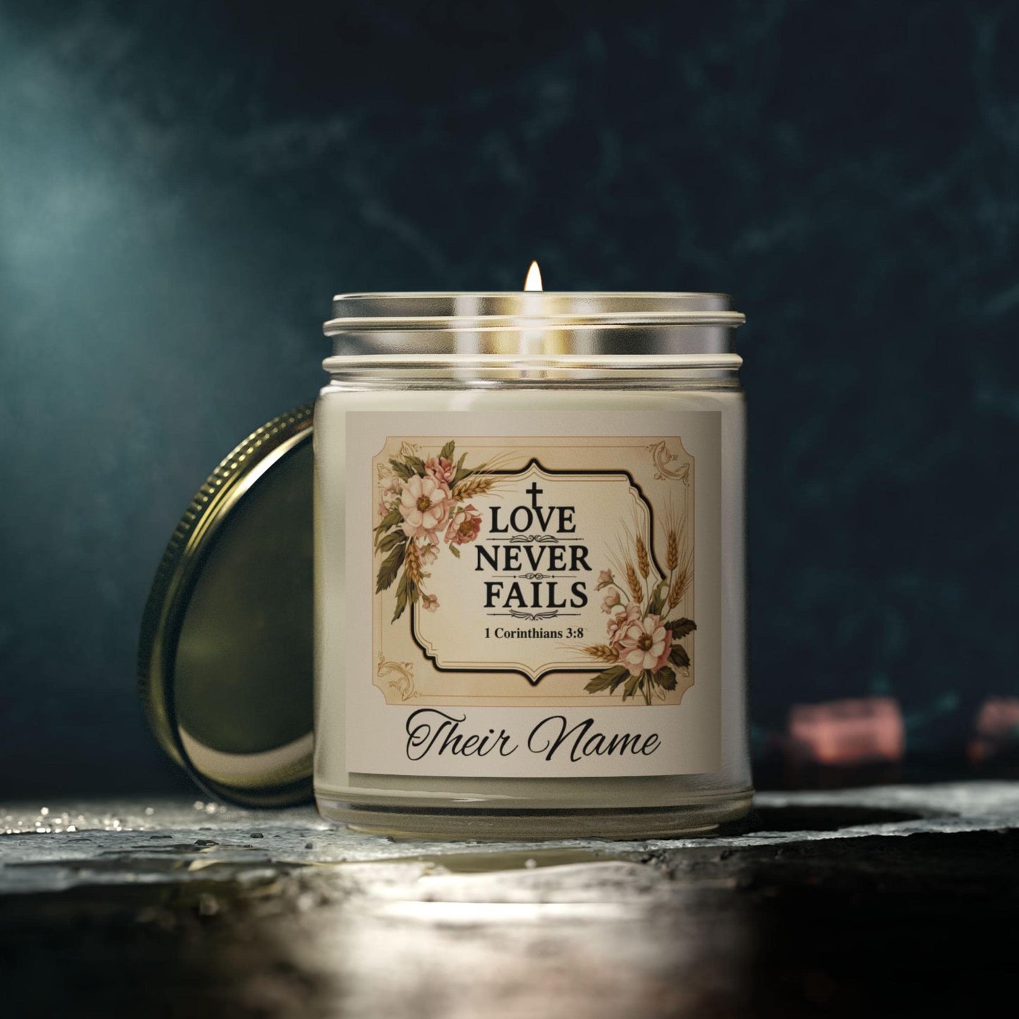 Love Never Fails Personalized Christian Candle from Lewey's Merch