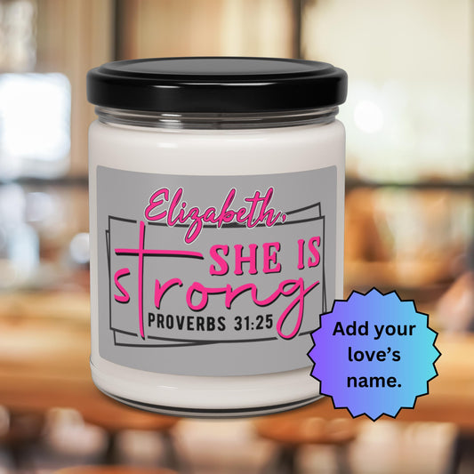 Personalized She Is Strong Soy Candle from Lewey's Merch