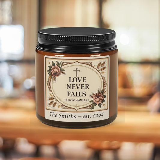 Personalized 1 Corinthians 13 Love Never Fails Candle from Lewey's Merch