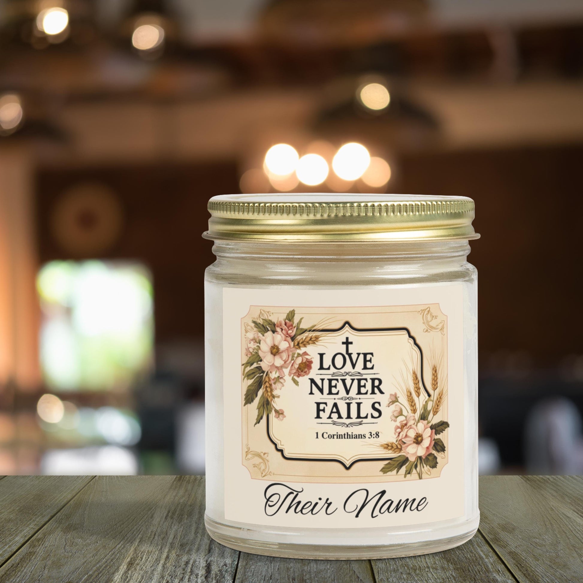 Love Never Fails Personalized Christian Candle from Lewey's Merch
